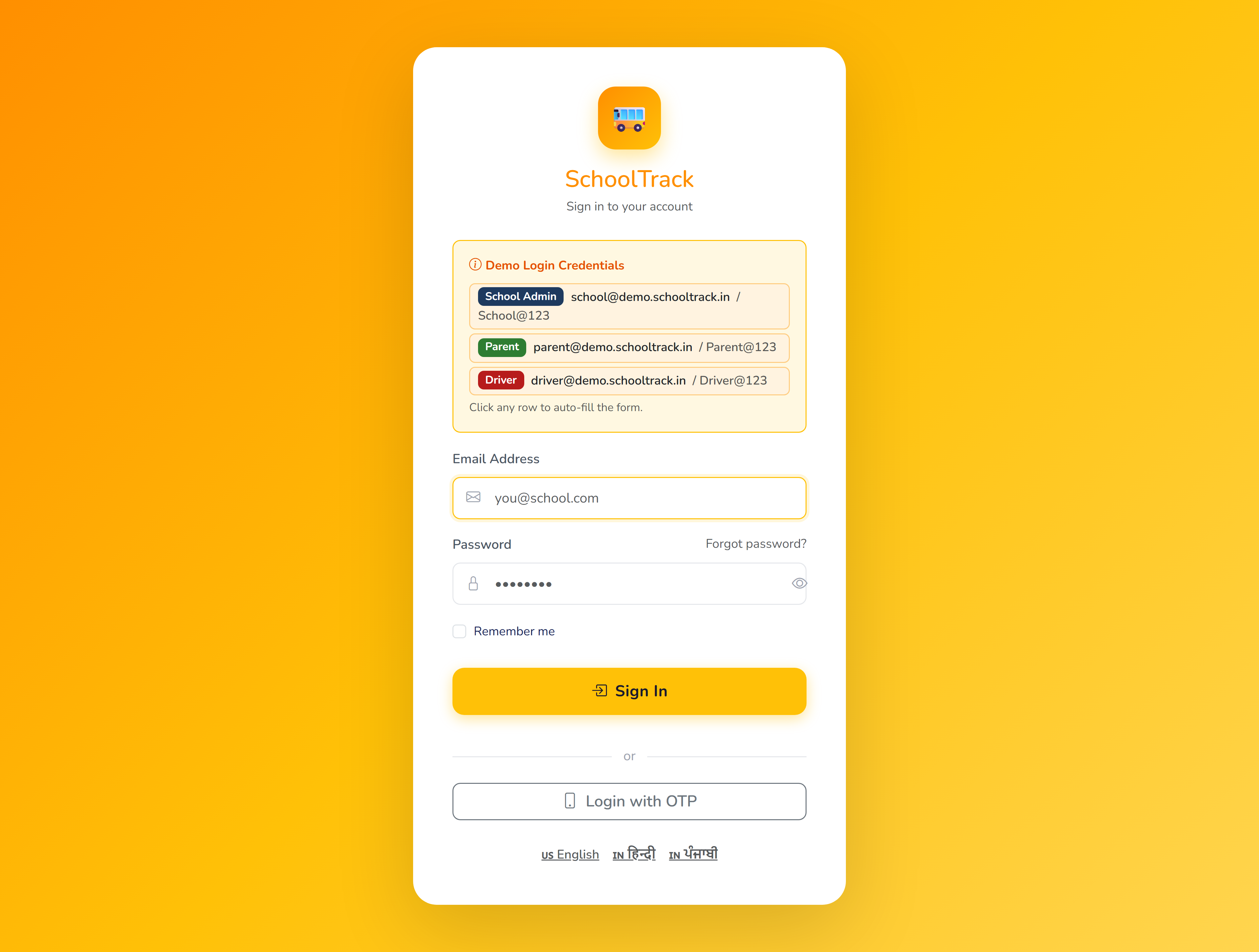 Parent App Login — SchoolTrack