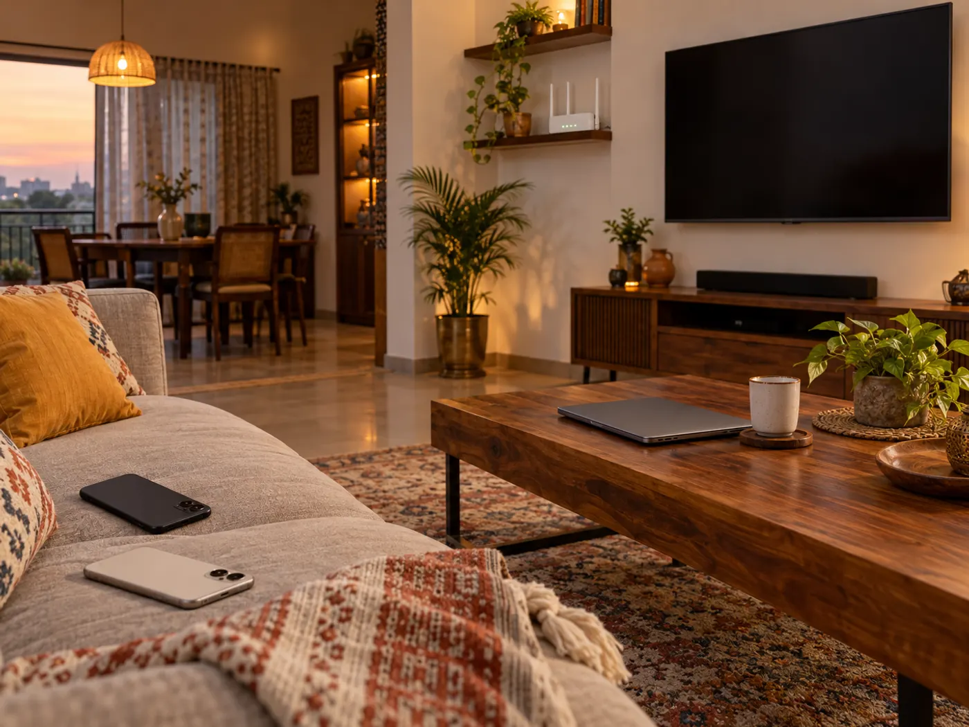 Indian family living room in warm evening light with a switched-off smart TV, a laptop on a table, two phones on the sofa and a WiFi router on a shelf