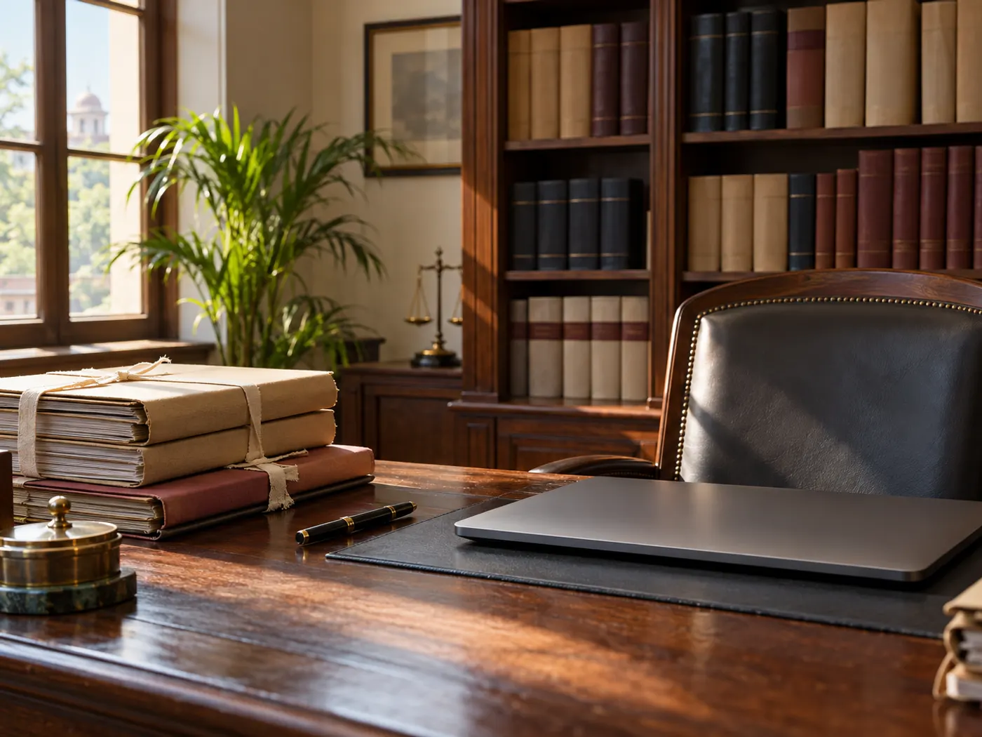 Quiet law chamber with a wooden desk, a closed laptop, neatly stacked case files and a bookshelf of legal volumes in soft daylight