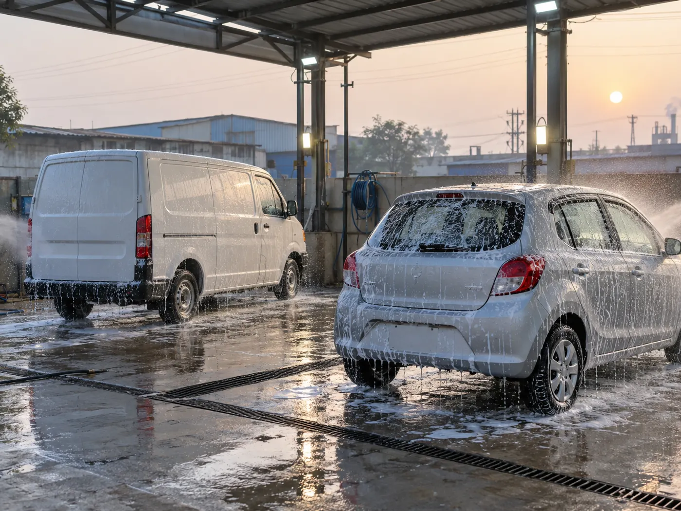 Car wash bay at dawn on the edge of an industrial town, with a freshly washed white van and a hatchback under foam, puddles reflecting the lights