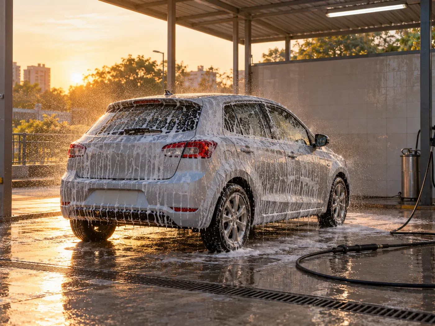 Car covered in white foam inside a clean, modern car wash bay at golden hour, with pressure washer hoses and a wet concrete floor