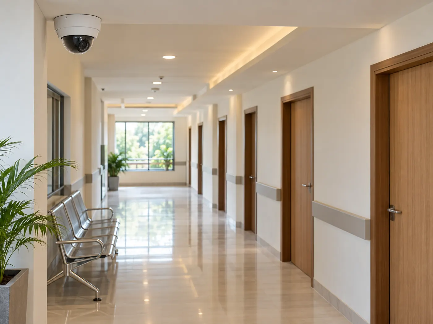 A clean, softly lit clinic corridor with closed treatment room doors, a waiting bench and a white dome security camera mounted on the ceiling