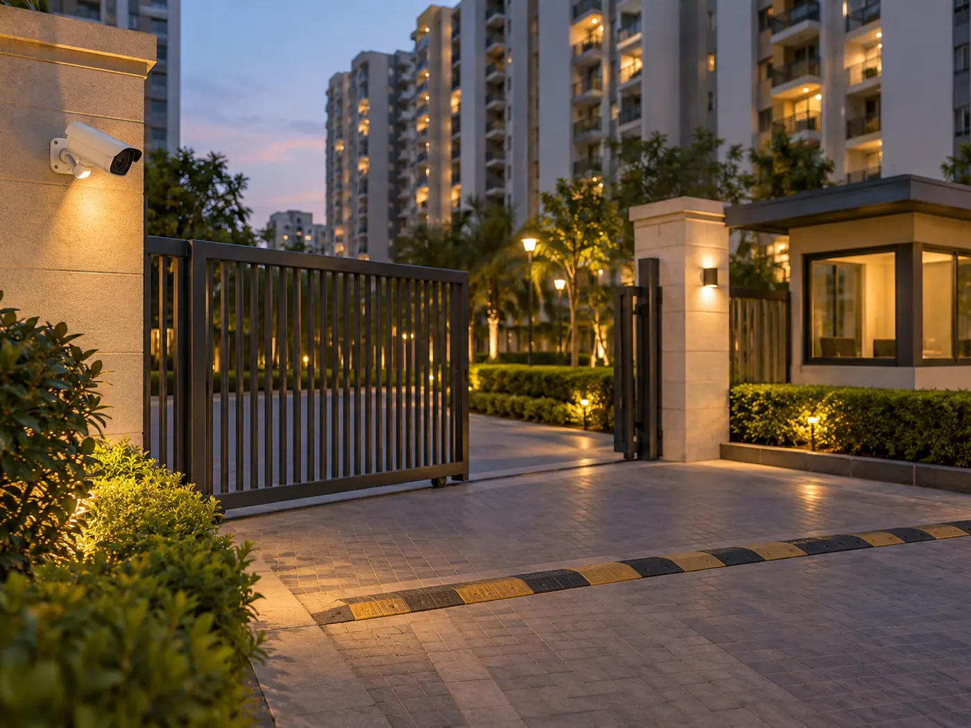 A housing society entrance gate at dusk with a white bullet security camera mounted on the gate pillar, angled at the driveway