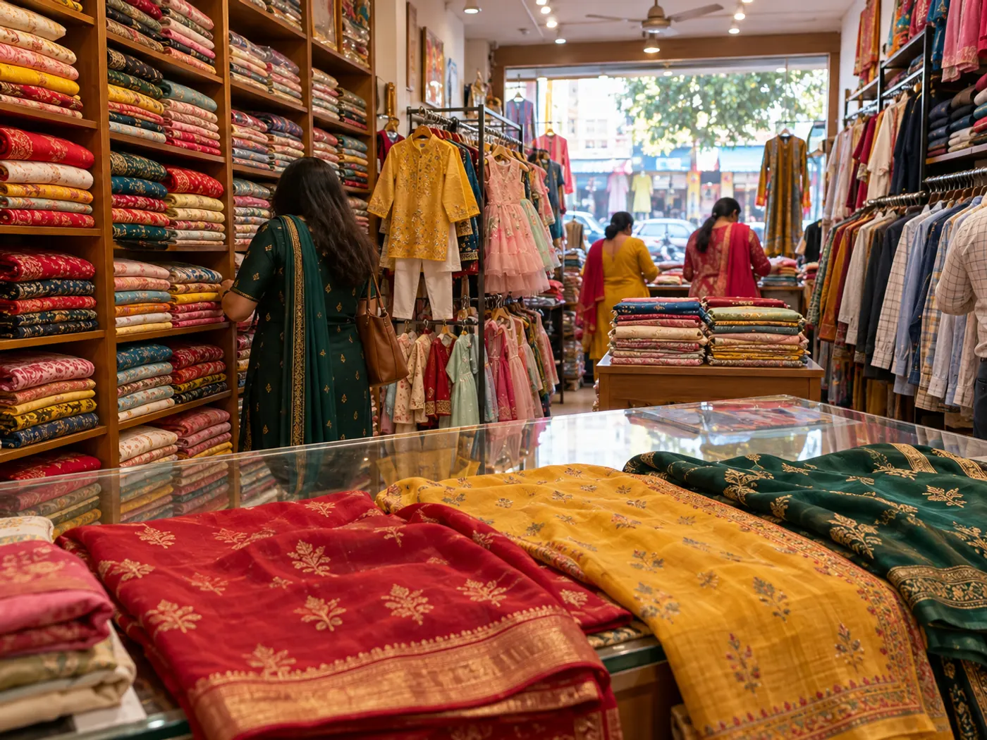Family clothing shop with folded saree and suit stacks on wooden shelves and racks of kids’ and men’s wear