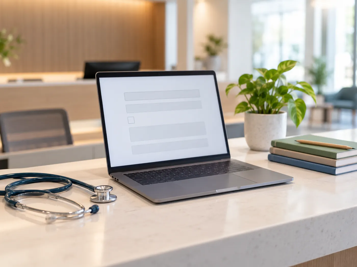 Laptop on a clean reception desk showing a blank online form layout, beside a stethoscope and a stack of plain school notebooks in soft daylight