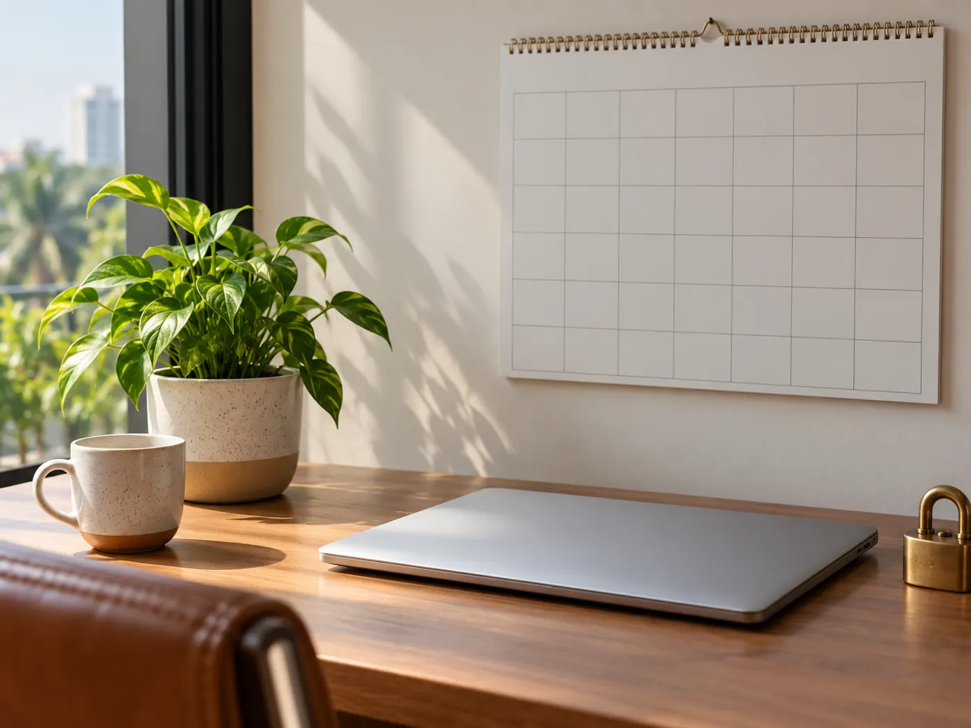 Office desk in soft daylight with a blank wall calendar, a closed laptop and a padlock-shaped paperweight