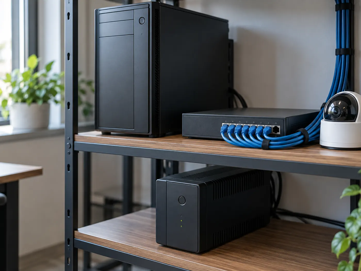A small server room shelf with a desktop tower PC, a network switch with patch cables and a dome IP camera resting beside it, lit by soft office light