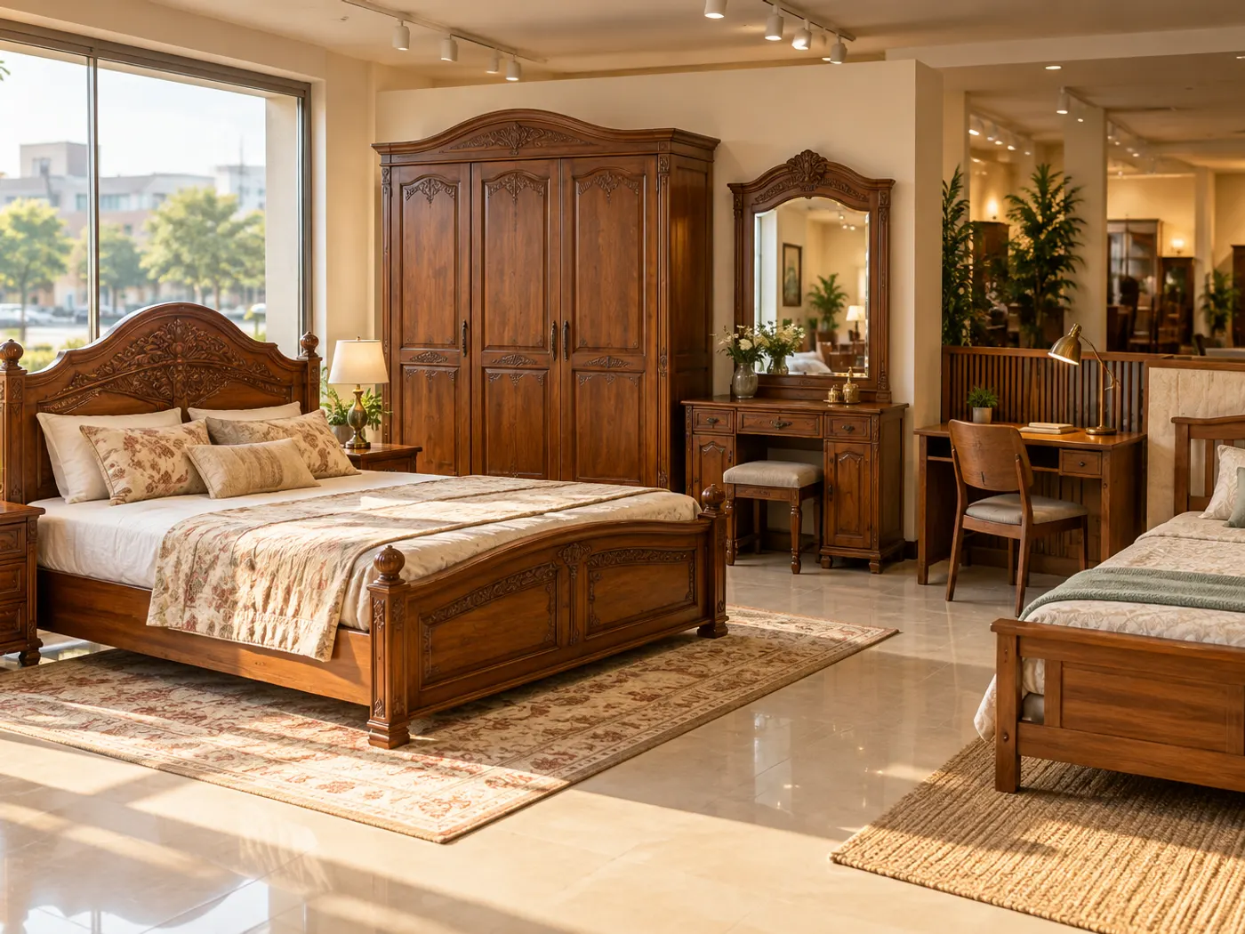 Furniture showroom in a north Indian town with a carved wooden double bed, matching wardrobe and dressing table beside a compact study table and single bed