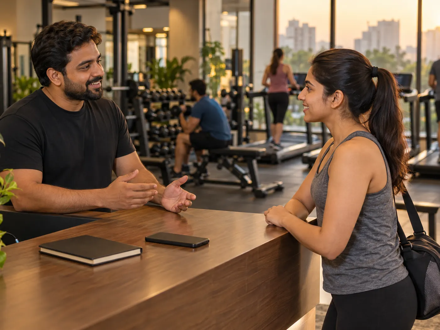 Gym owner at the front desk of a neighbourhood fitness studio in Gurgaon talking to a new visitor about a trial session (illustrative image)