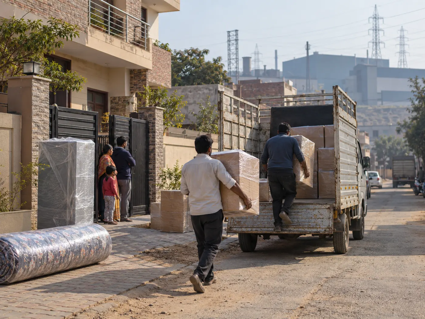 Packers loading wrapped household boxes into a small truck outside a two-storey house in a Haryana town, with a family watching from the gate (illustrative image)