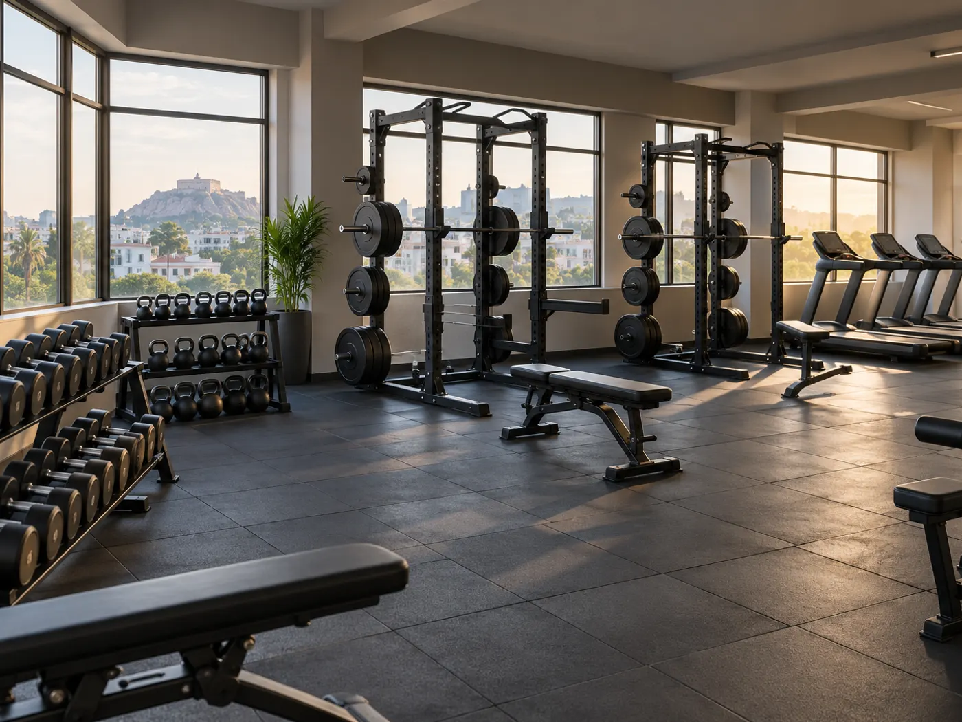 Empty modern gym floor with racks of dumbbells, squat racks and rubber flooring in soft morning light