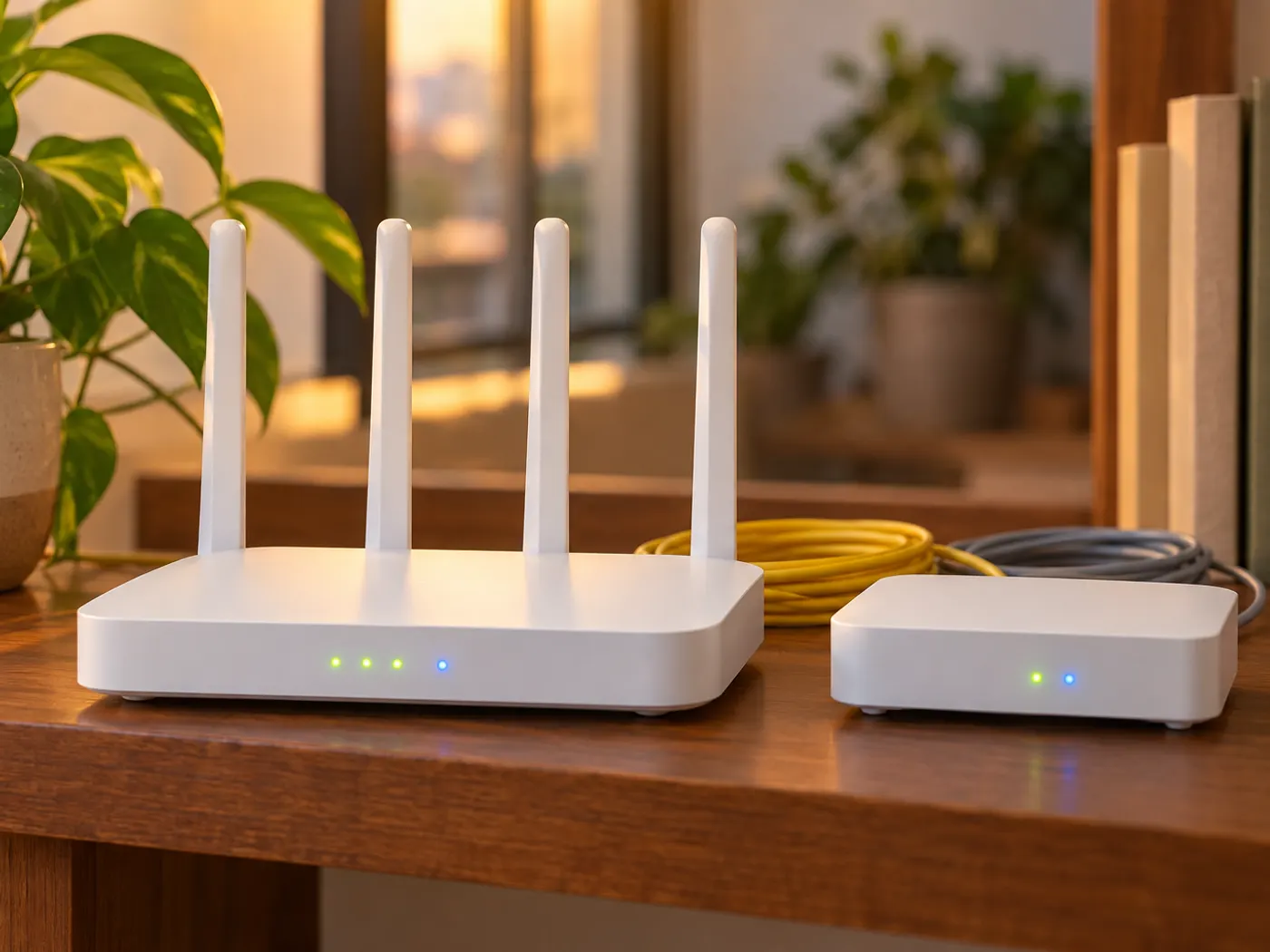 White Wi-Fi router with antennas and a fibre ONT box on a wooden shelf at home, LED lights glowing in evening light