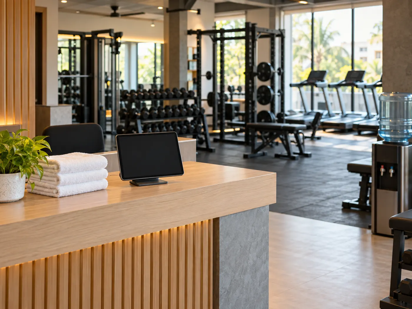 Clean gym reception desk with a tablet on a stand, a water dispenser and a view of the workout floor behind