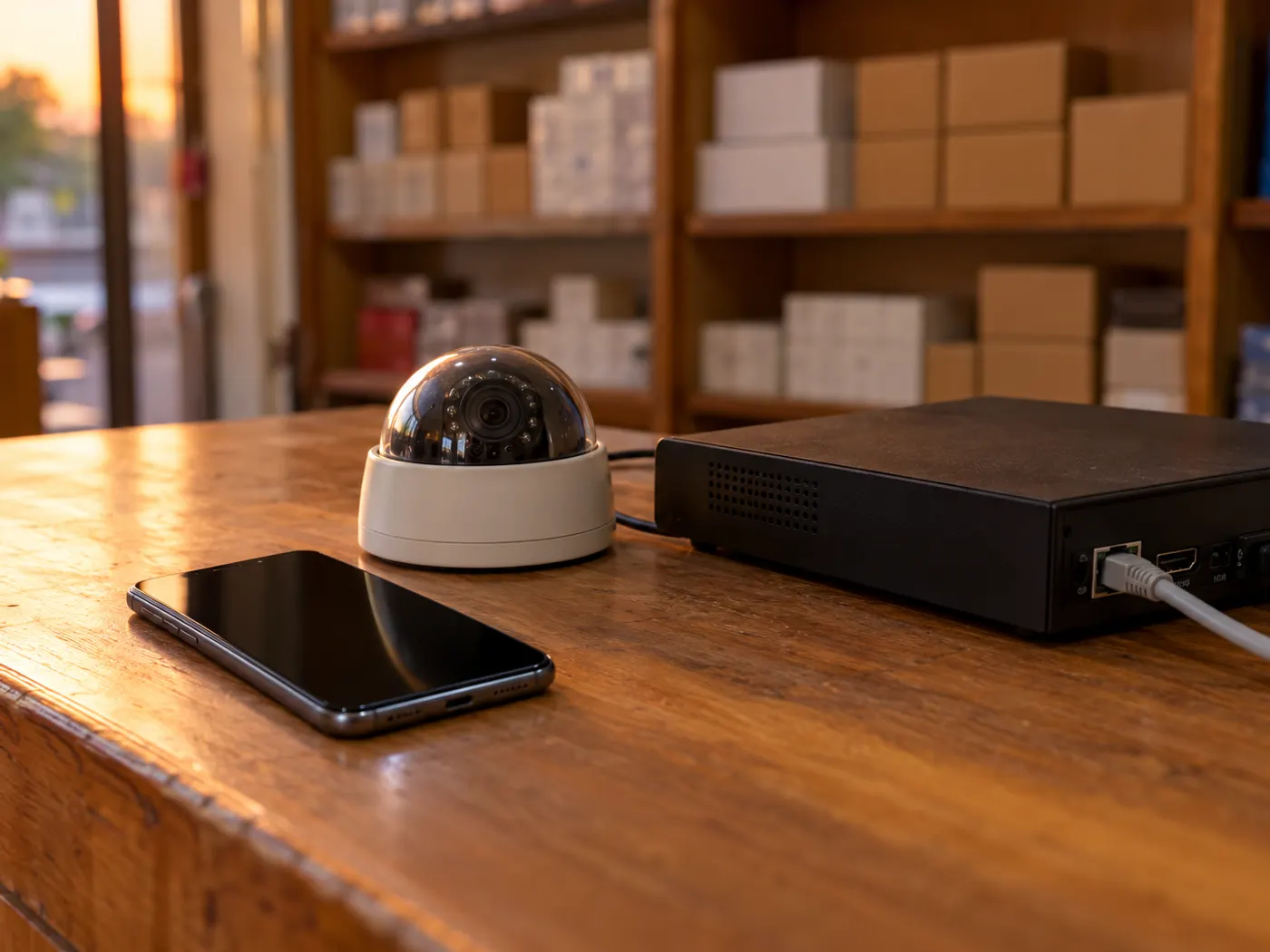 A smartphone with a dark screen lying on a shop counter beside a small white CCTV dome camera and a DVR box in warm light