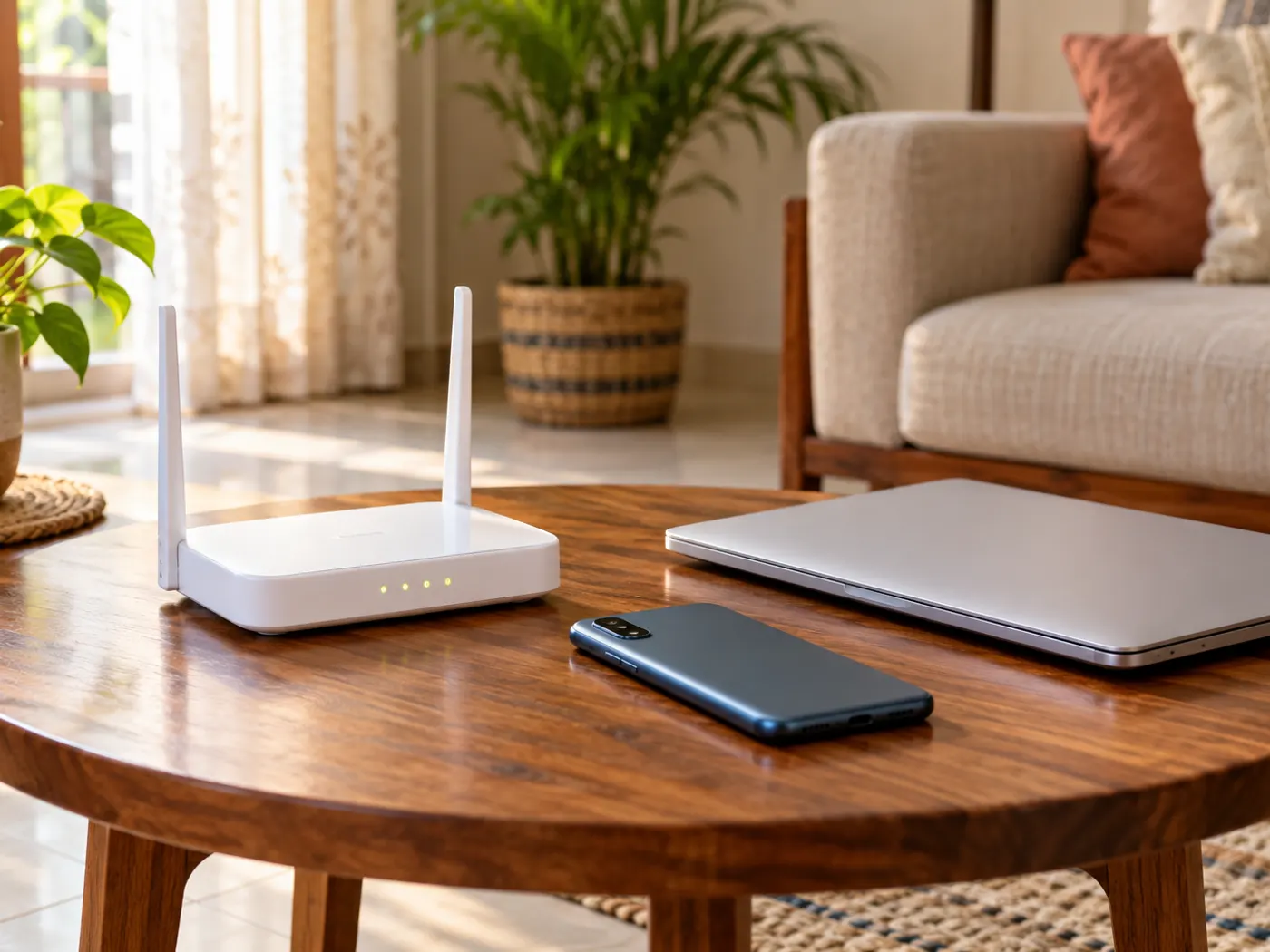 A white WiFi router on a wooden side table in an Indian living room, beside a phone lying face-down and a closed laptop in warm daylight