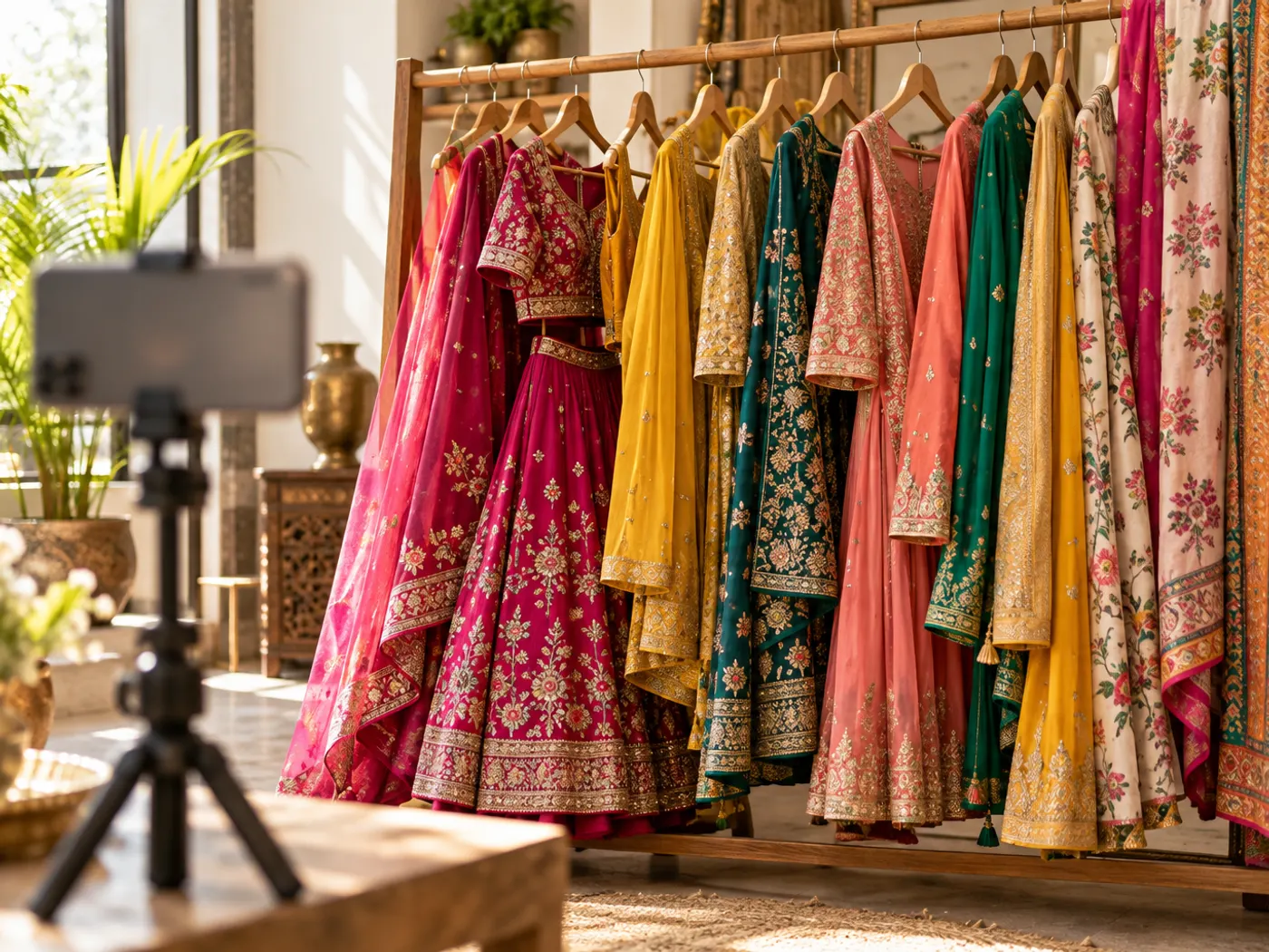 Rack of colourful Indian ethnic wear in a boutique with a smartphone on a stand photographing the outfits