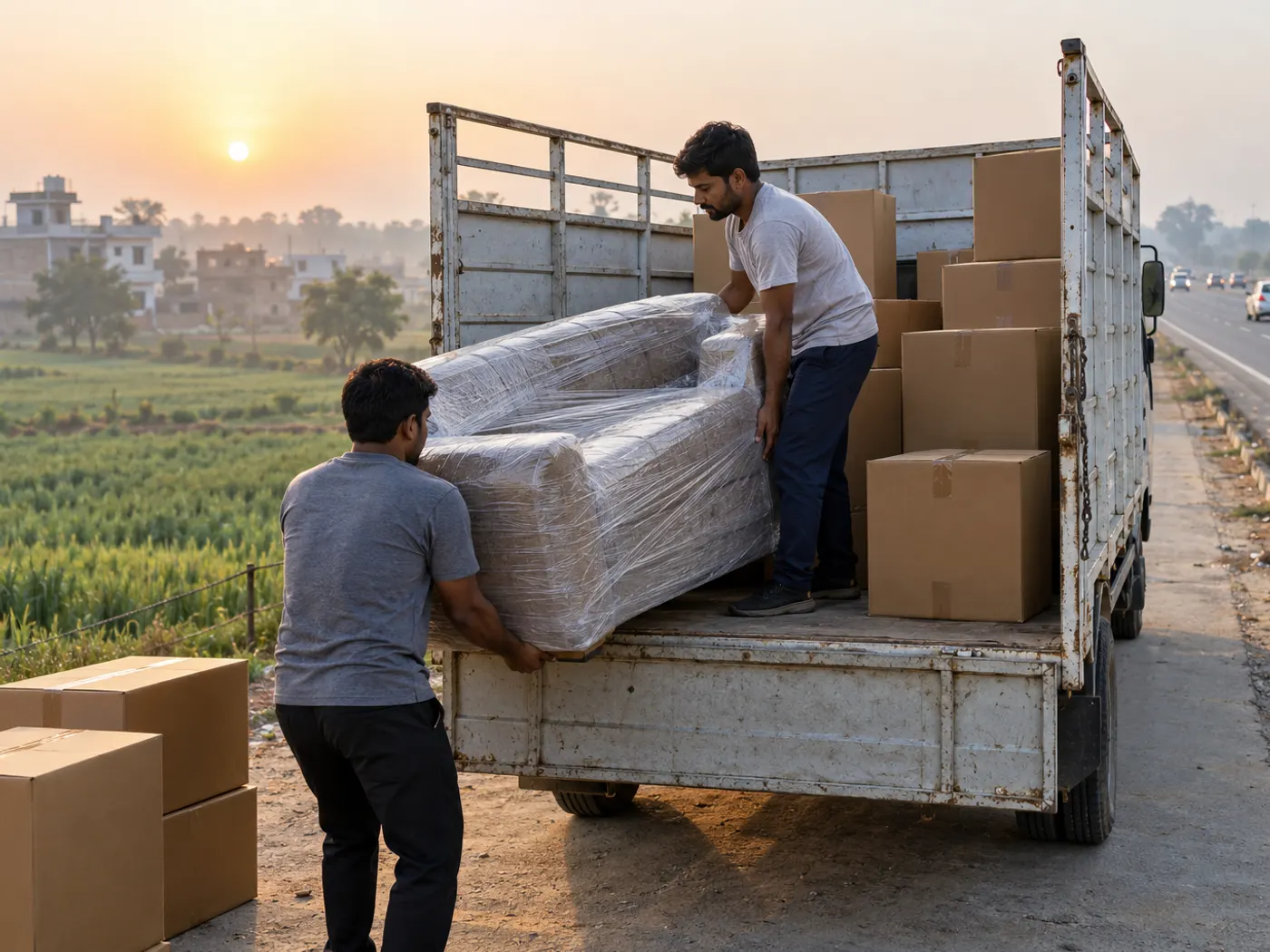 Two workers loading taped cartons and a stretch-wrapped sofa into an open moving truck on a service road beside a highway at the edge of Sonipat, with low-rise homes and green fields behind