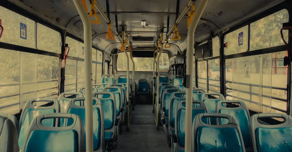 Bus interior with rows of seats
