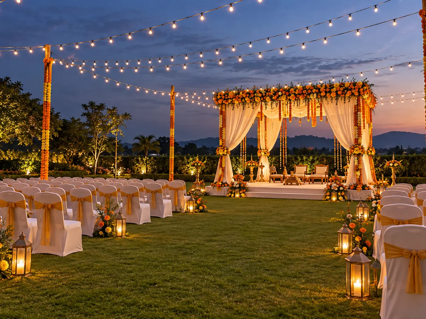 Empty outdoor wedding lawn at dusk with marigold garlands, fairy lights strung between poles and a decorated mandap in the distance