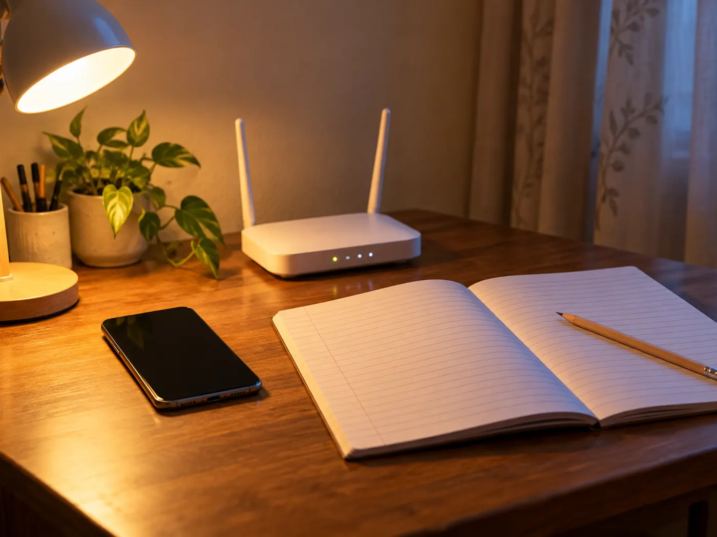 A smartphone and a home WiFi router side by side on a wooden study table next to a school notebook, lit by an evening lamp