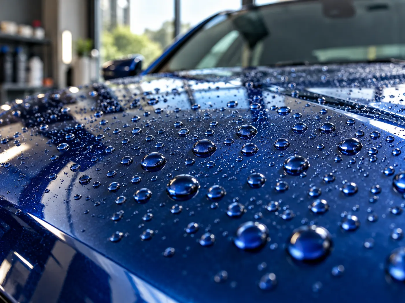 Glossy car under LED light panels in a detailing studio while a technician applies protective film to the bonnet