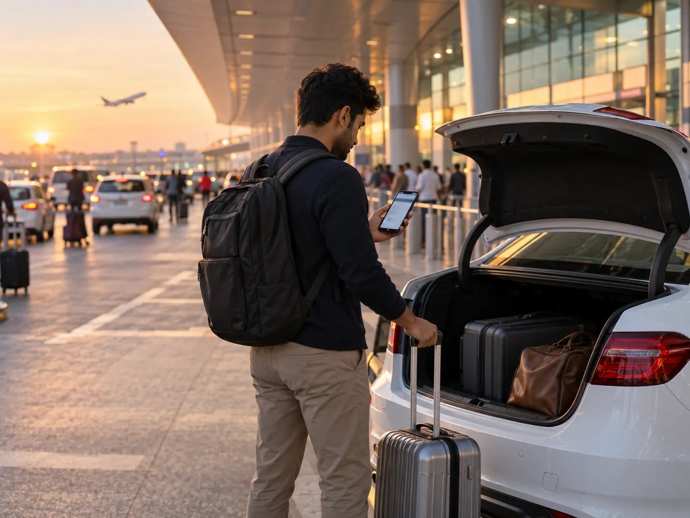Row of unbranded rental cars at a pickup point while a driver hands a set of keys to a customer
