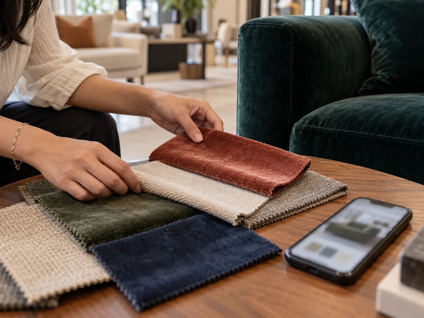 Premium furniture showroom with a sofa set and a phone showing a room-wise furniture catalogue page