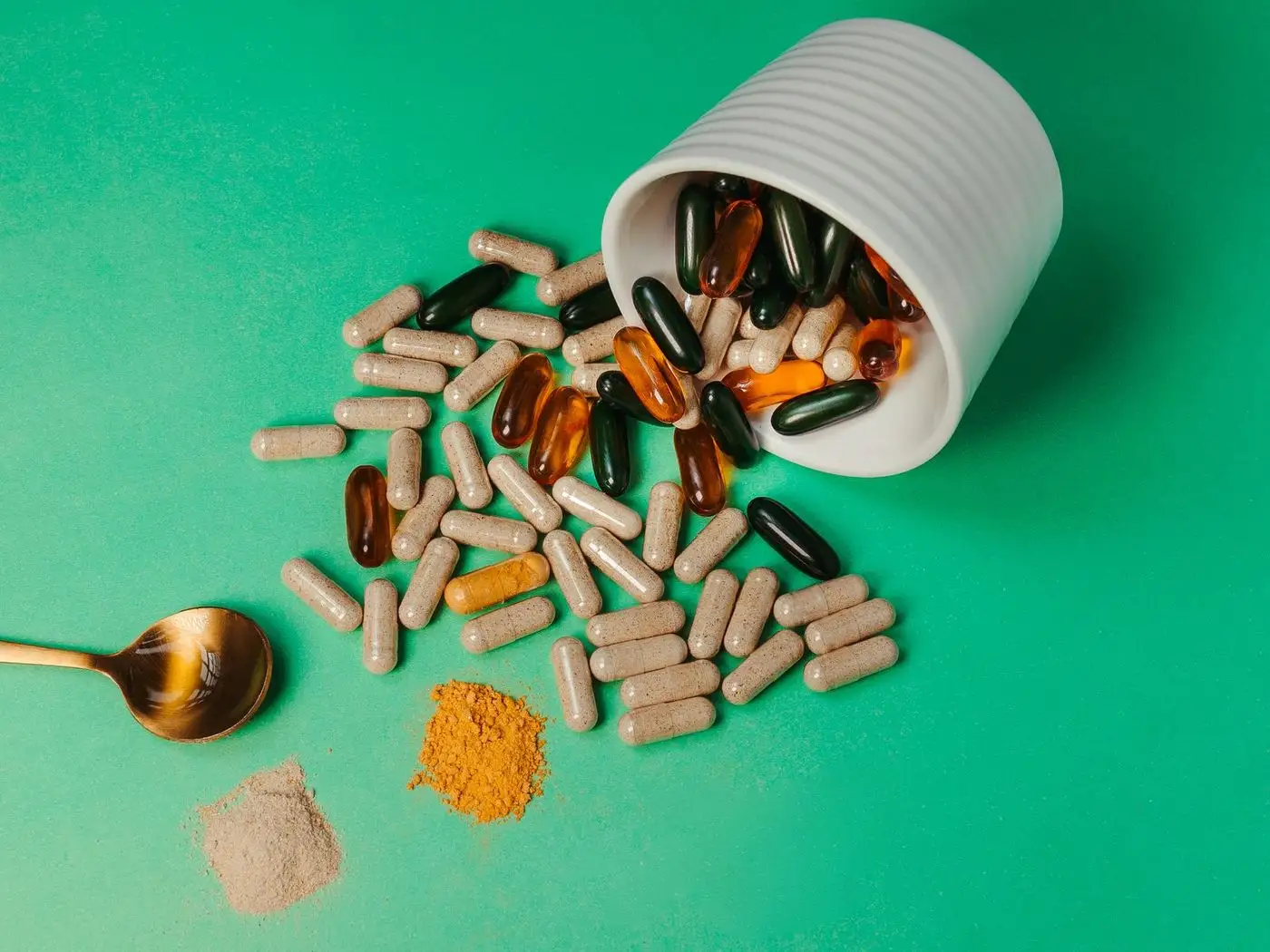 Supplement store shelves with a phone showing a product page with label photos and batch details