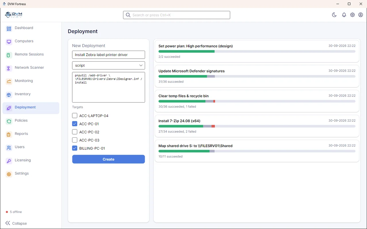 DVM Fortress Deployment screen — Push scripts and installers to many PCs