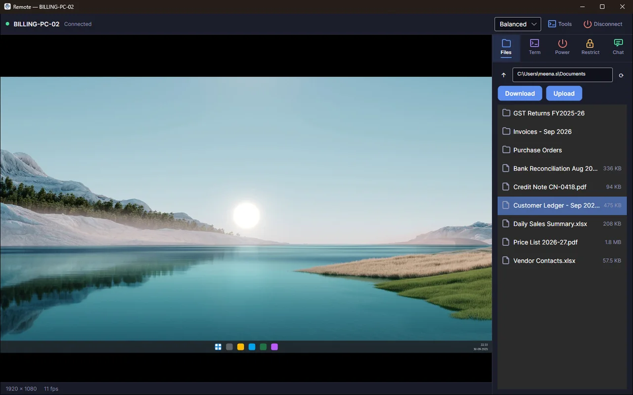 DVM Fortress File Transfer screen — Browse, upload and download