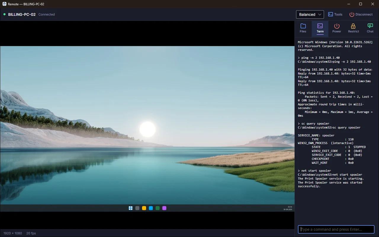 DVM Fortress Remote Terminal screen — Command prompt on the remote PC