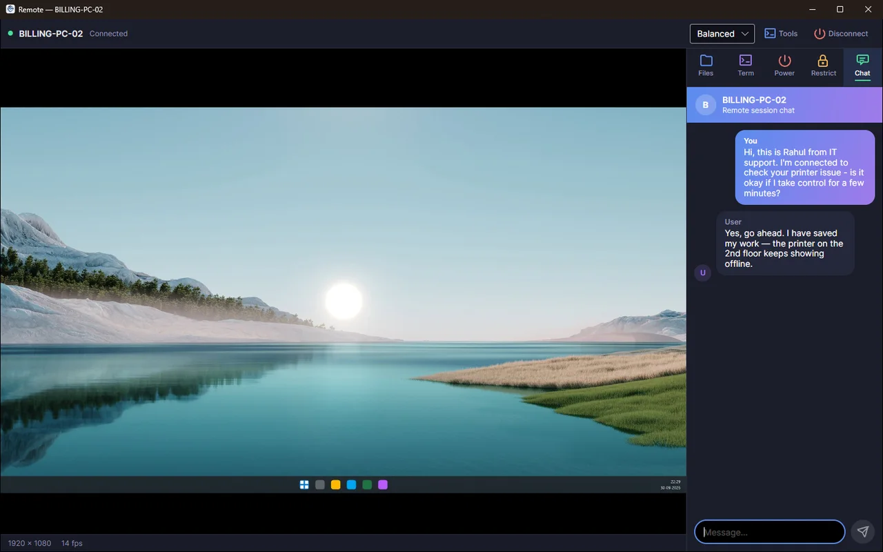 DVM Fortress Remote Control + Chat screen — Live screen with a chat panel