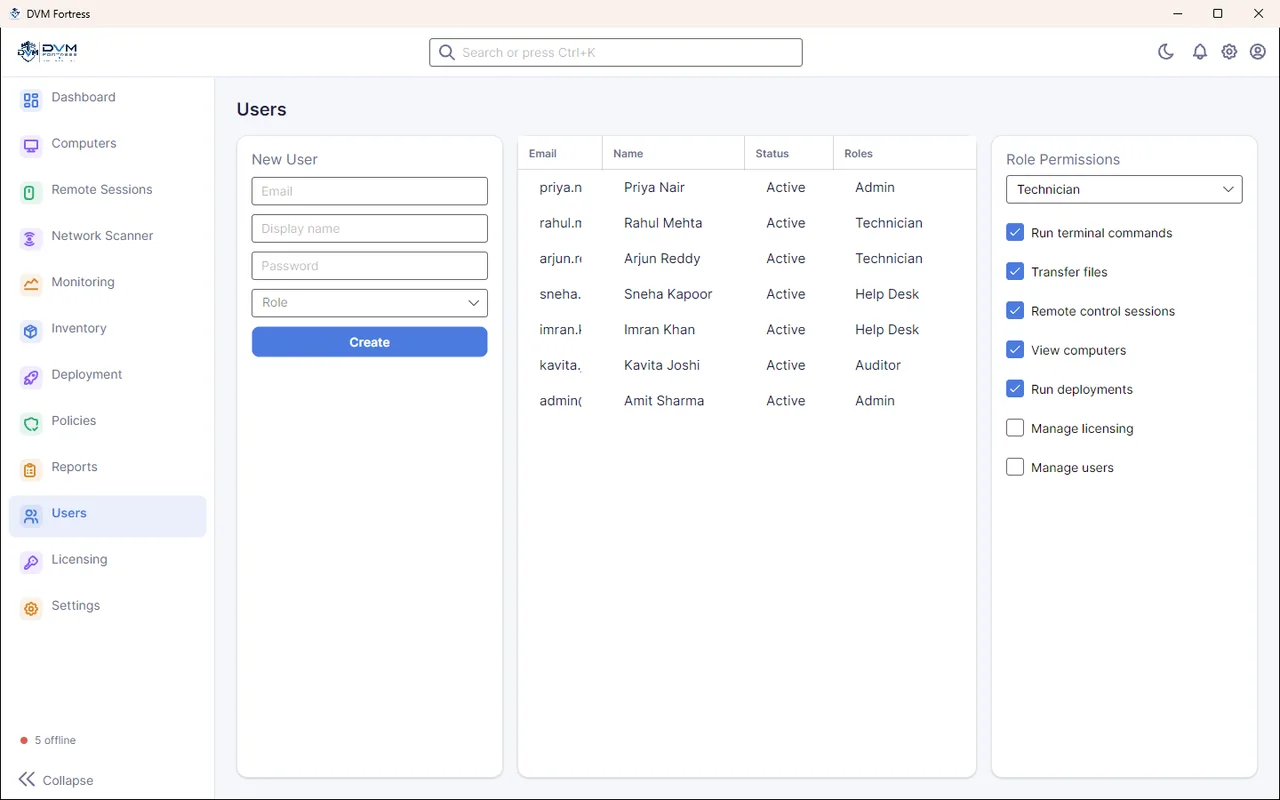 DVM Fortress Users & Roles screen — Granular permissions per role