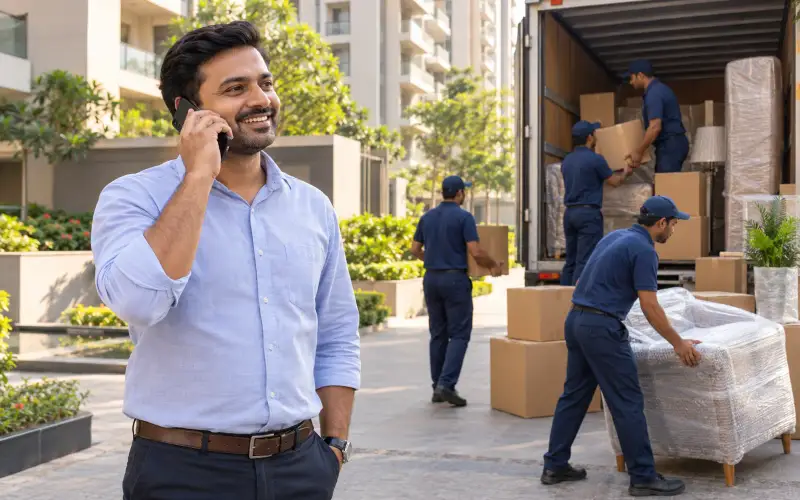 Illustrative photo: a moving crew loads a truck while the owner takes a customer call