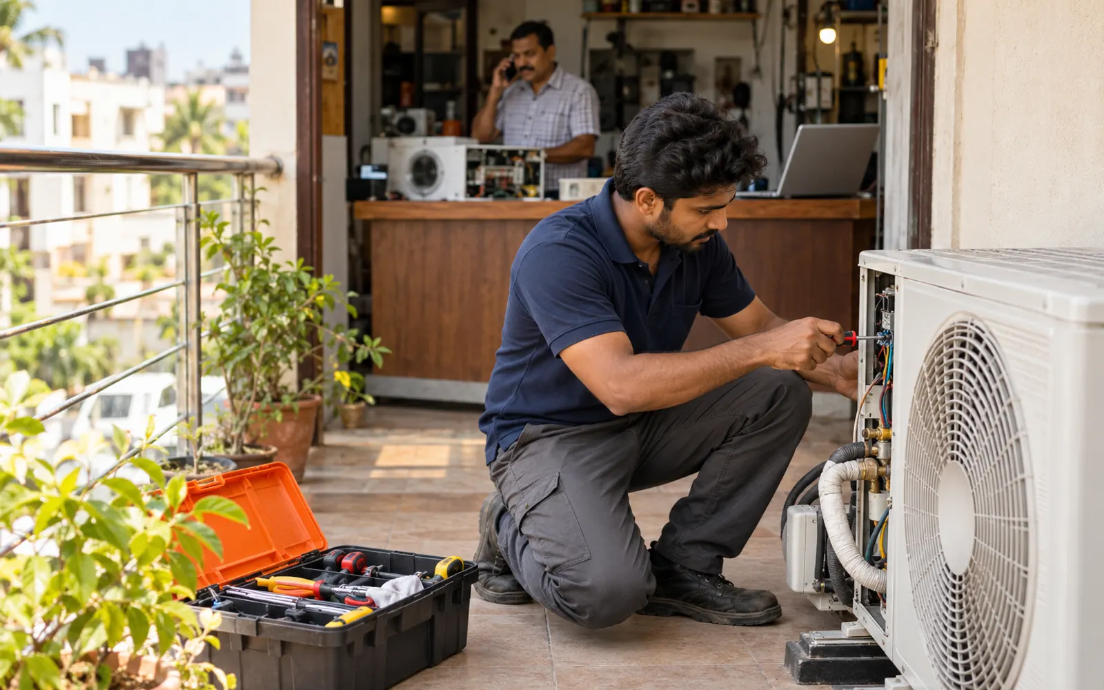 Technician checking a split air conditioner inside a family home as the owner looks on (illustrative image)