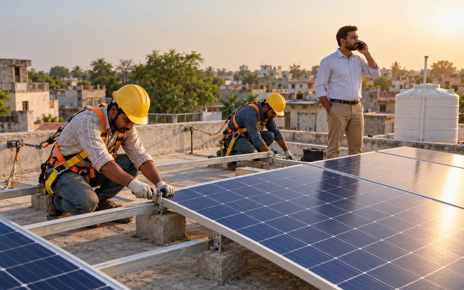 Solar installer measuring a house rooftop while the homeowner looks on (illustrative image)