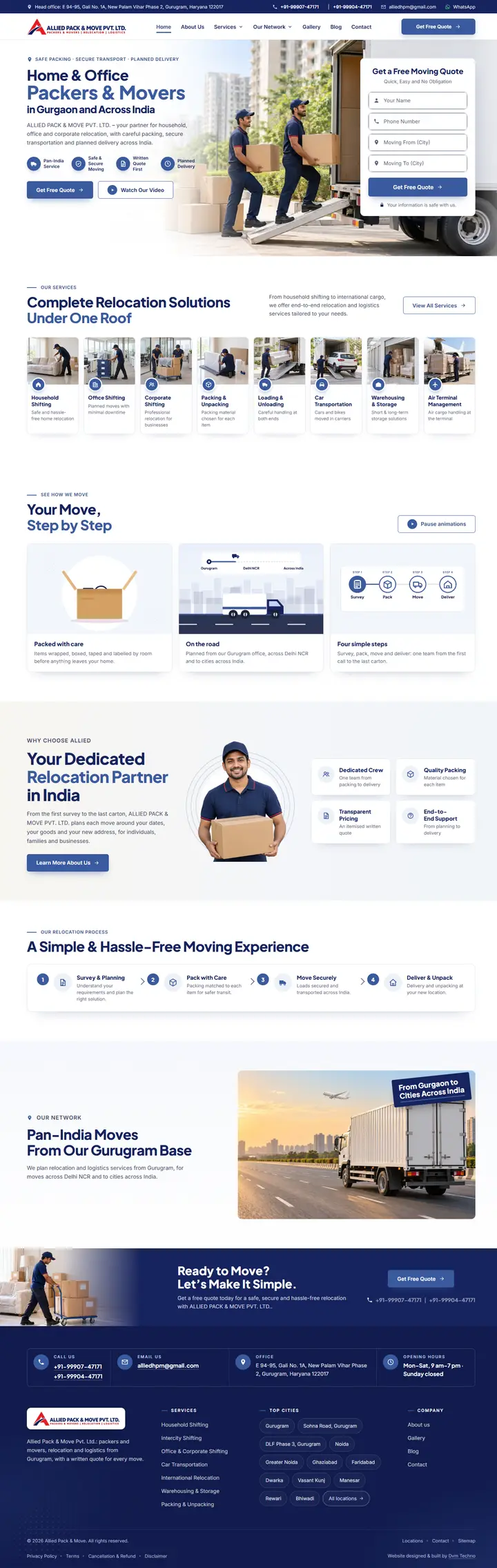 Homepage of Allied Pack & Move, website built by DVM Techno