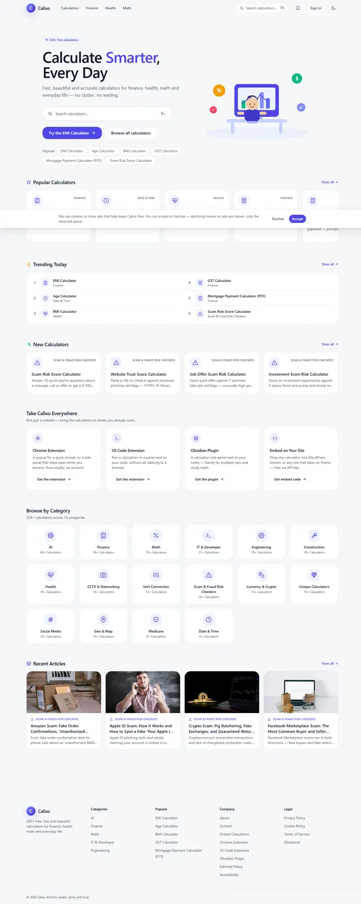 Homepage of Calixo Calculators, website built by DVM Techno