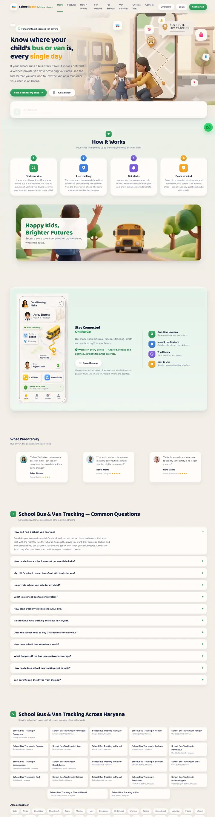 Homepage of SchoolTrack — School Bus Tracking, website built by DVM Techno