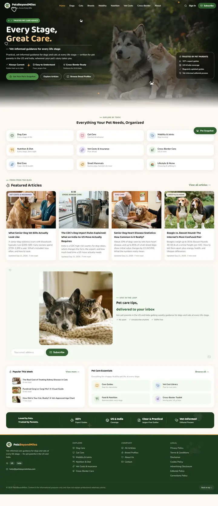 Homepage of PetsBeyondMiles, website built by DVM Techno