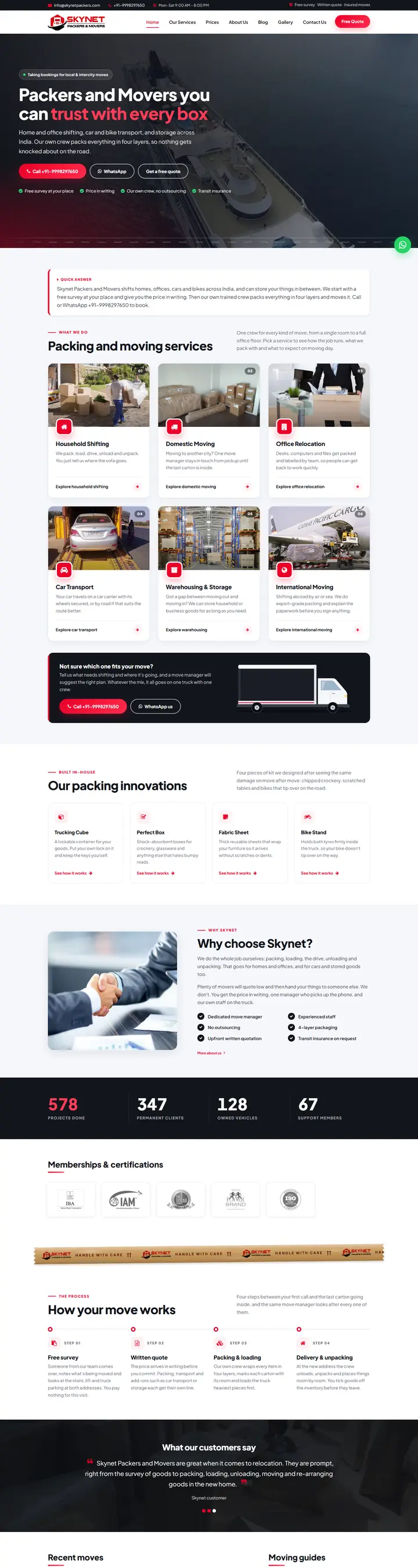 Homepage of Skynet Packers & Movers, a packers and movers website built by DVM Techno