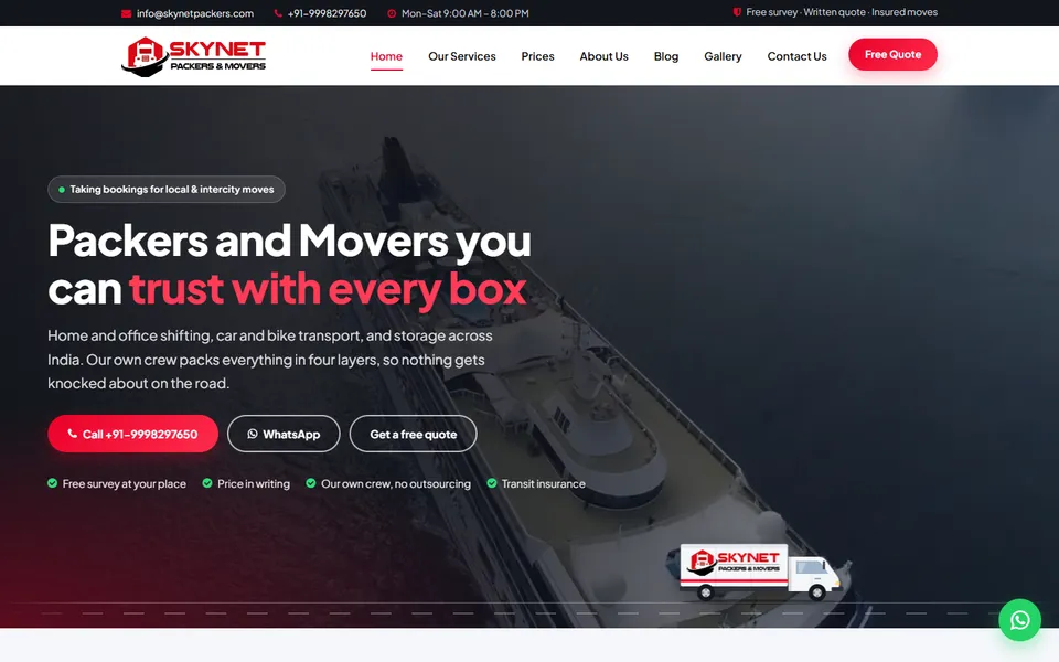 Skynet Packers & Movers — business website by DVM Techno
