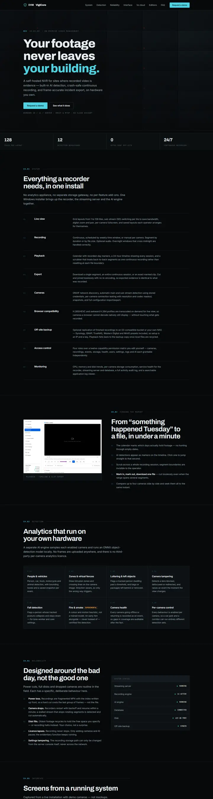 Homepage of DVM VigiCore — Video Management Software, website built by DVM Techno